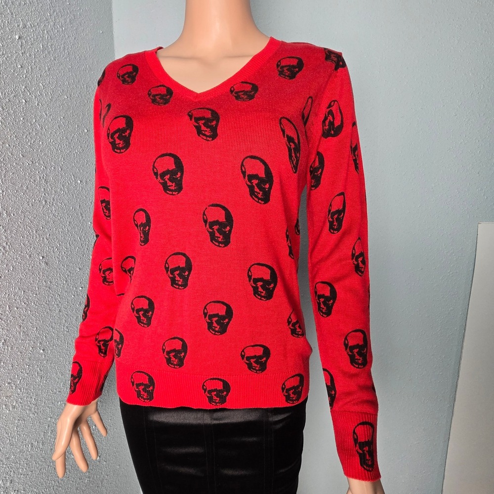 Magaschoni Skull Print‎ Cashmere Blend V-Neck Sweater Red Black Women's Small